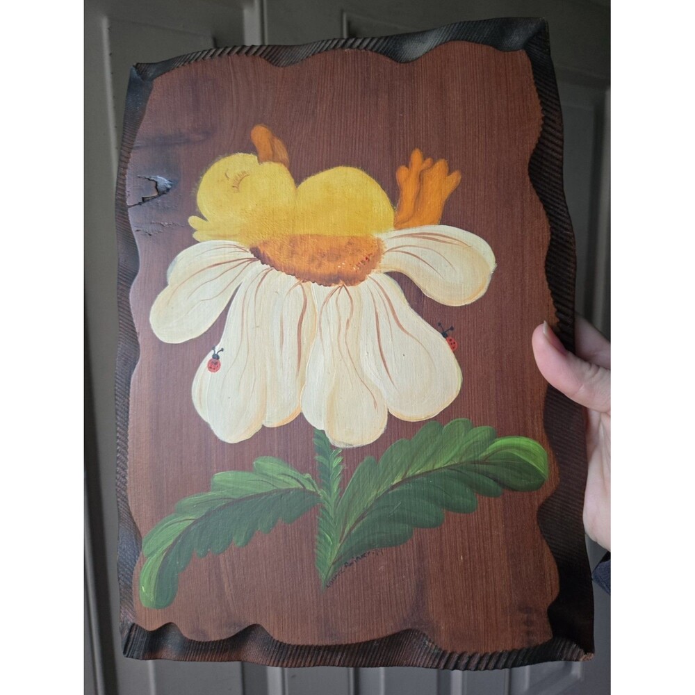 Vintage 1970s Hand Painted Wooden Baby Chick Flower Plaque Folk Art